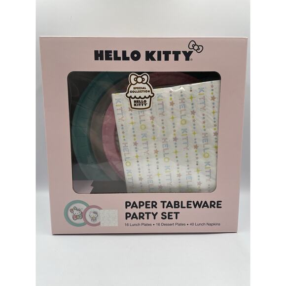 Hello Kitty Paper Tableware Party Set 16 Lunch & 16 Dessert Plates, 40 Napkins - Picture 1 of 11